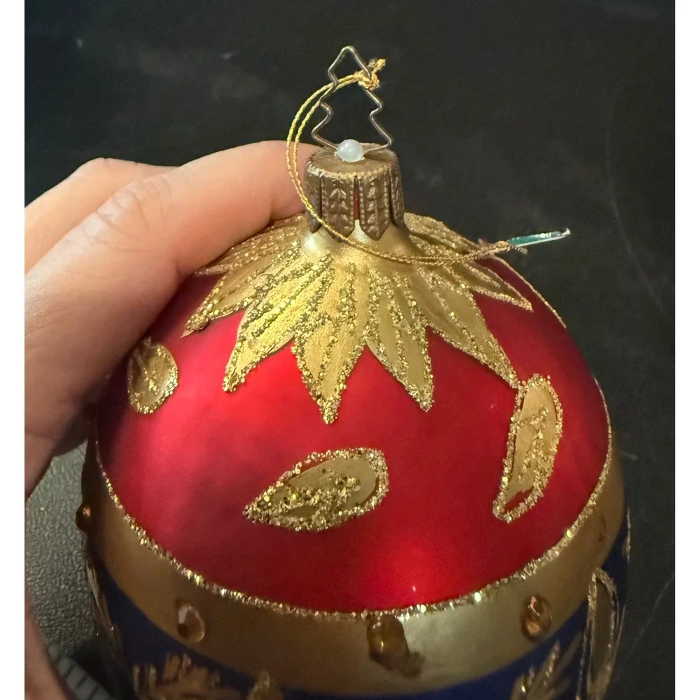 Large Egg Christmas Holiday Ornament Red Blue Gold Glitter Rhinestone‎ Glass